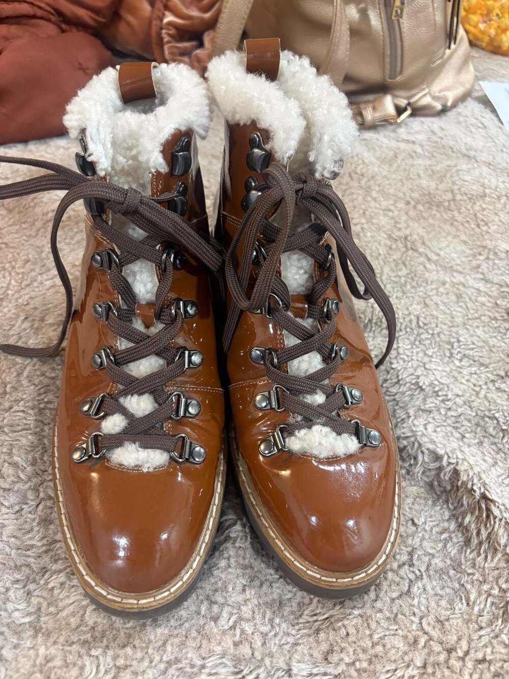 Donald Pliner Chestnut Patent Leather Hiker Boots with Shearling Trim